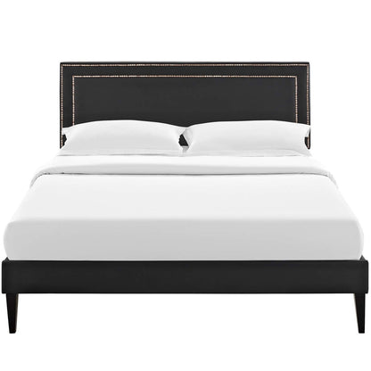 Virginia King Vinyl Platform Bed with Squared Tapered Legs, King Size, Faux Vinyl Leather Nail Rivet, Black, 14557