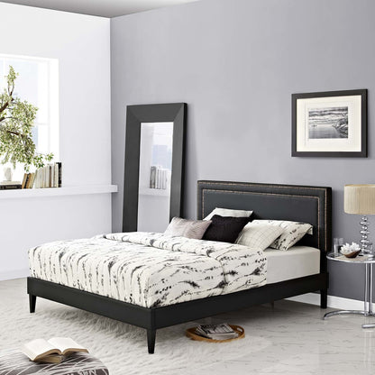 Virginia King Vinyl Platform Bed with Squared Tapered Legs, King Size, Faux Vinyl Leather Nail Rivet, Black, 14557