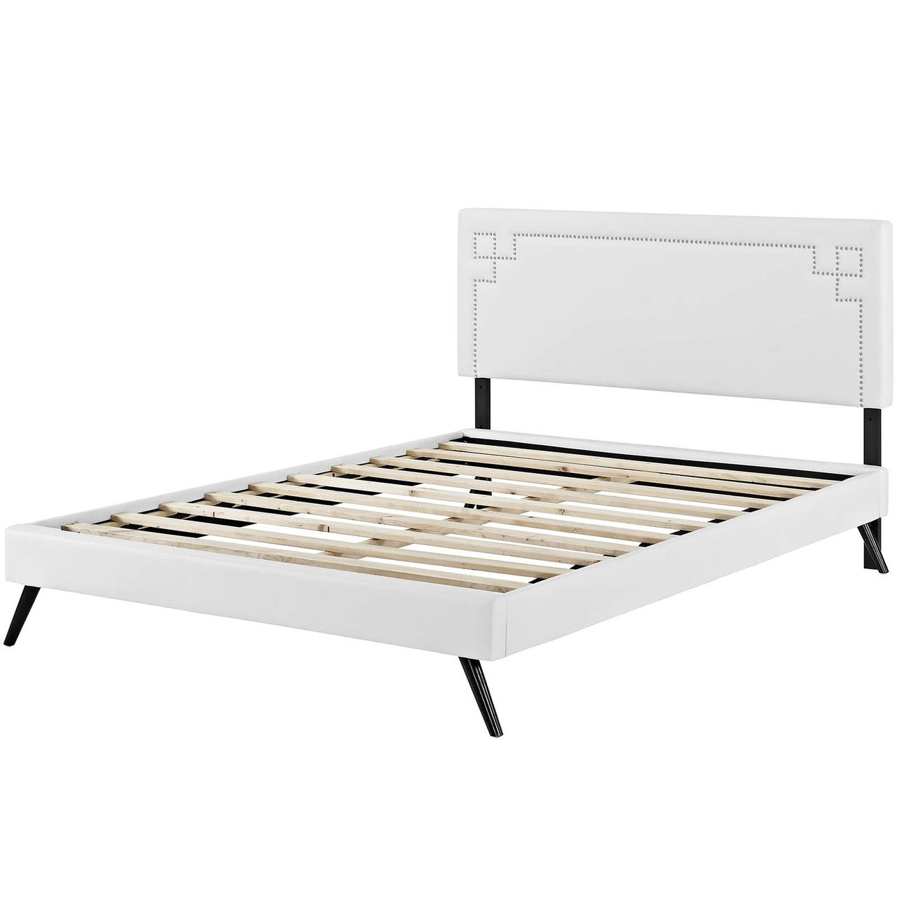 Ruthie Full Vinyl Platform Bed with Round Splayed Legs, Full Size, Faux Vinyl Leather, White, 14568