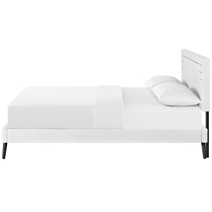 Ruthie Full Vinyl Platform Bed with Round Splayed Legs, Full Size, Faux Vinyl Leather, White, 14568
