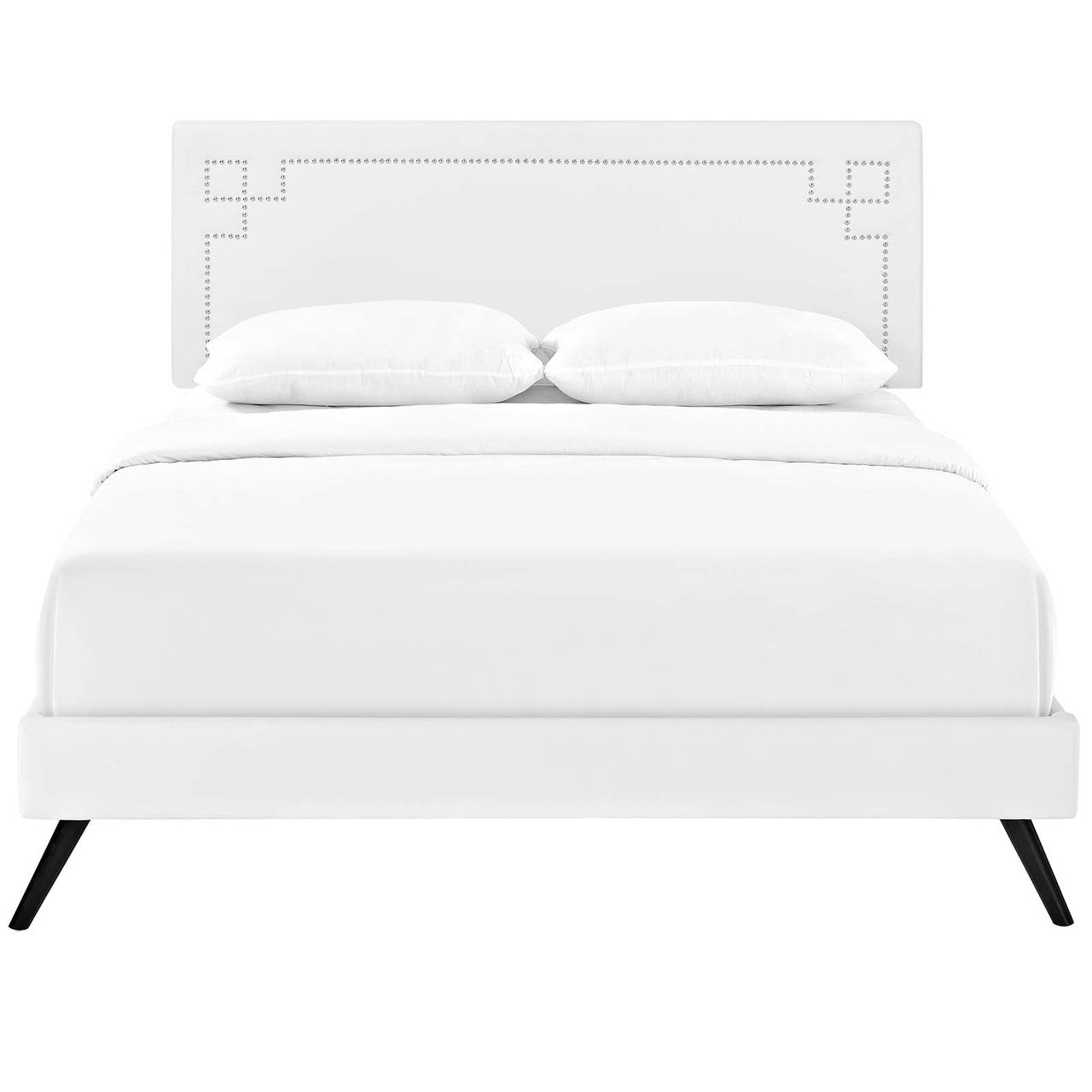 Ruthie Full Vinyl Platform Bed with Round Splayed Legs, Full Size, Faux Vinyl Leather, White, 14568