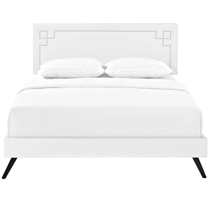 Ruthie Full Vinyl Platform Bed with Round Splayed Legs, Full Size, Faux Vinyl Leather, White, 14568