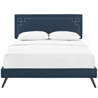 Ruthie King Fabric Platform Bed with Round Splayed Legs, King Size, Fabric Copper Nail Rivet, Navy Blue, 14579