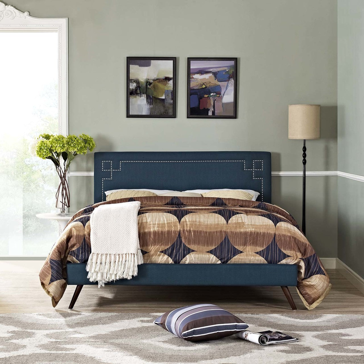 Ruthie King Fabric Platform Bed with Round Splayed Legs, King Size, Fabric Copper Nail Rivet, Navy Blue, 14579