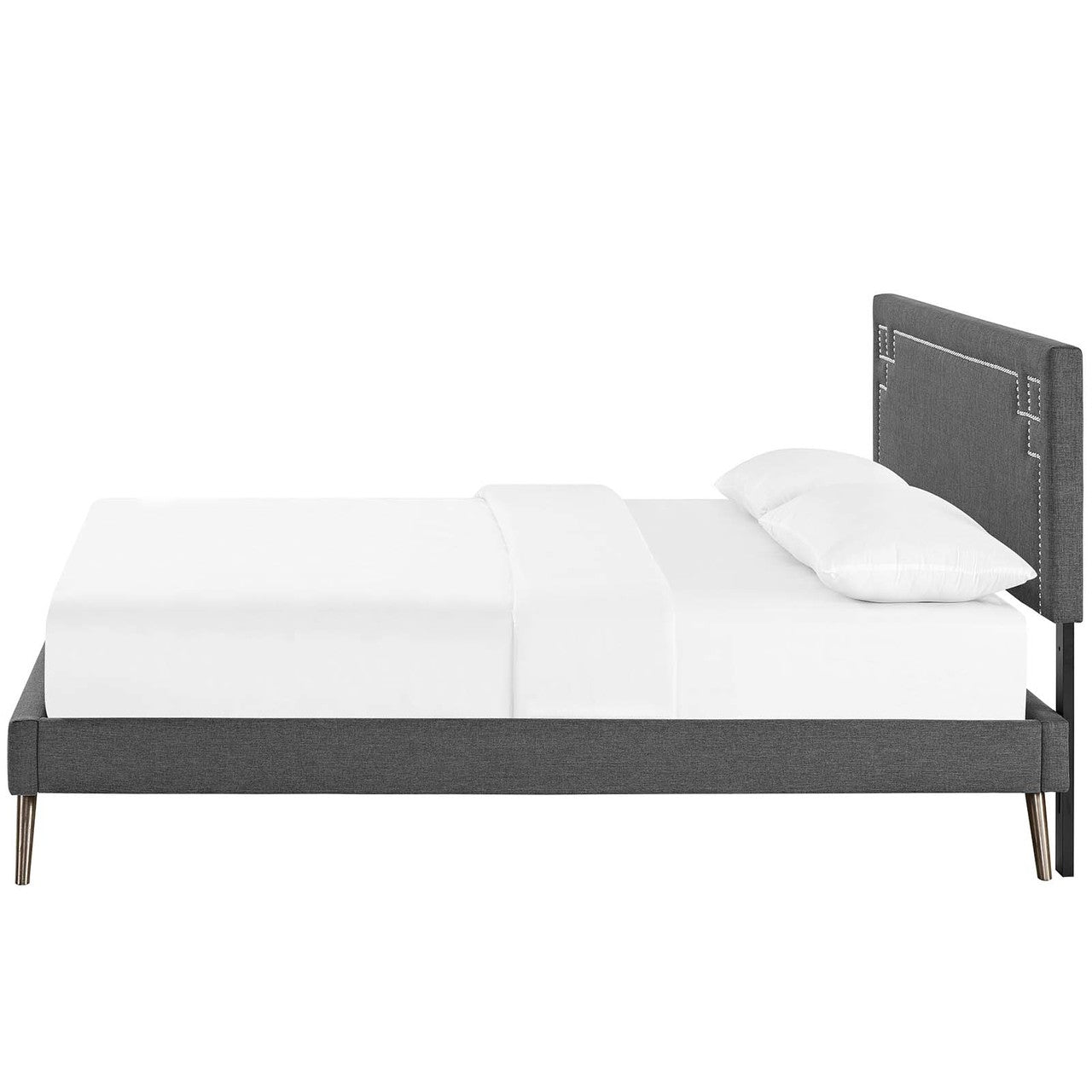 Ruthie King Fabric Platform Bed with Round Splayed Legs, King Size, Fabric Copper Nail Rivet, Grey Gray, 14581