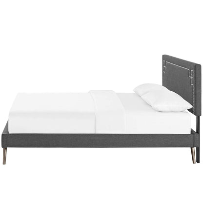 Ruthie King Fabric Platform Bed with Round Splayed Legs, King Size, Fabric Copper Nail Rivet, Grey Gray, 14581