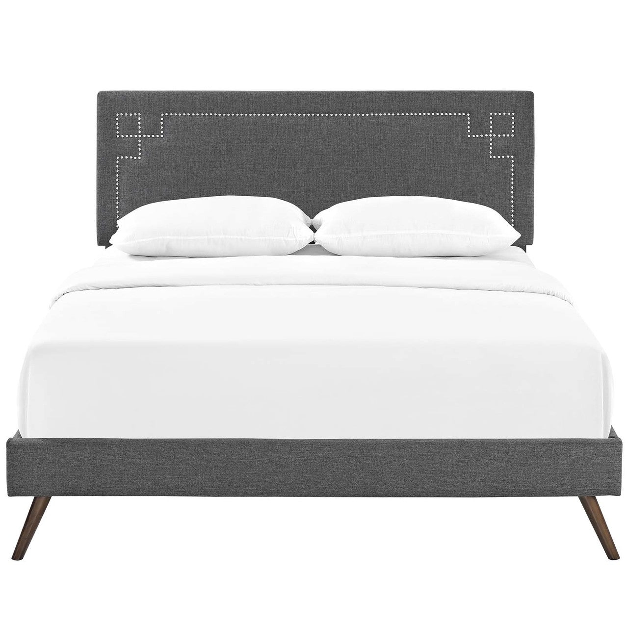 Ruthie King Fabric Platform Bed with Round Splayed Legs, King Size, Fabric Copper Nail Rivet, Grey Gray, 14581