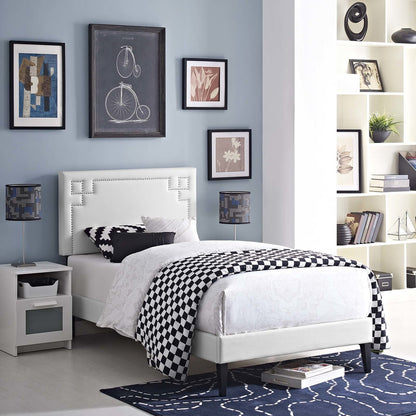 Ruthie Twin Vinyl Platform Bed with Squared Tapered Legs, Twin Size, Faux Vinyl Leather, White, 14583