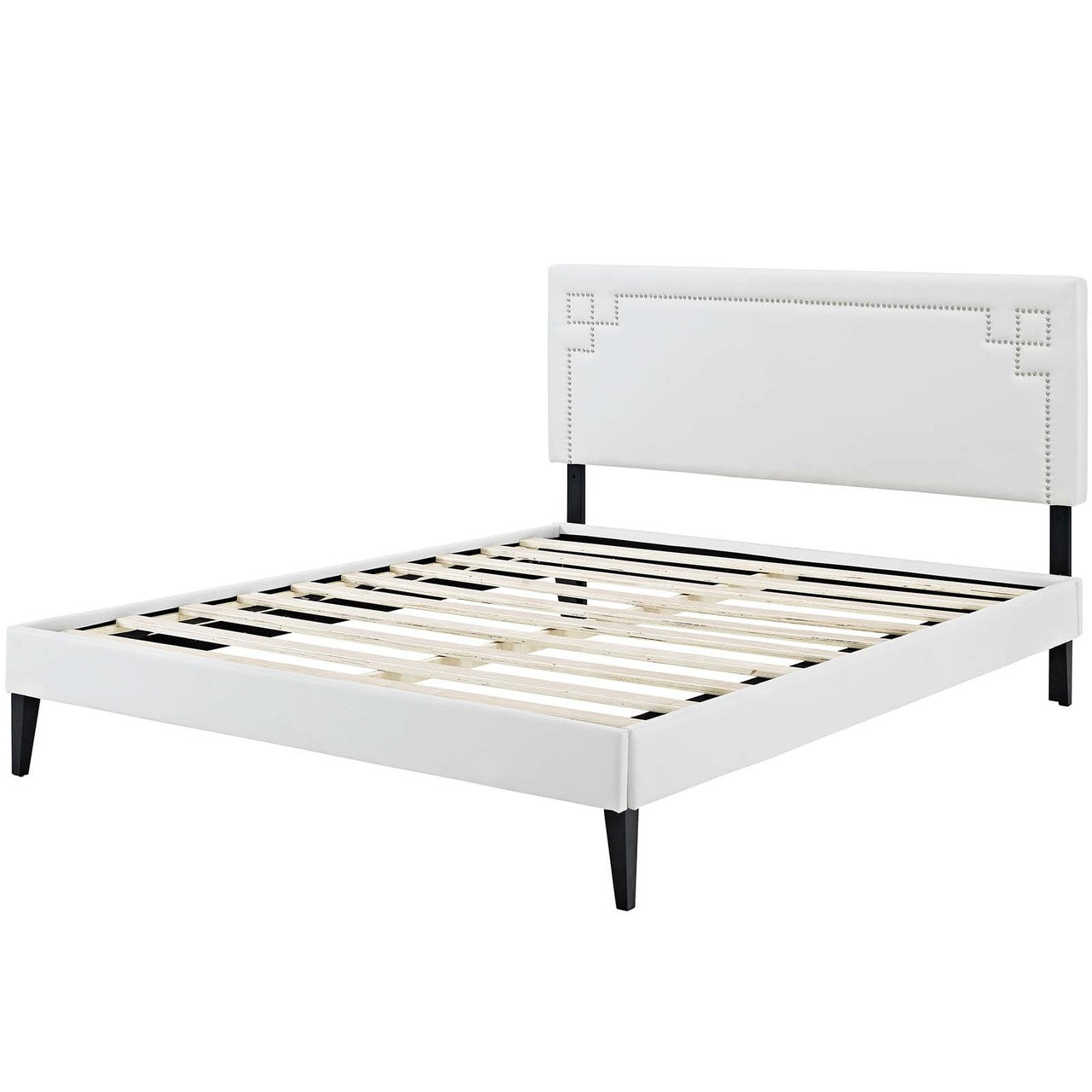 Ruthie Full Vinyl Platform Bed with Squared Tapered Legs, Full Size, Faux Vinyl Leather, White, 14588