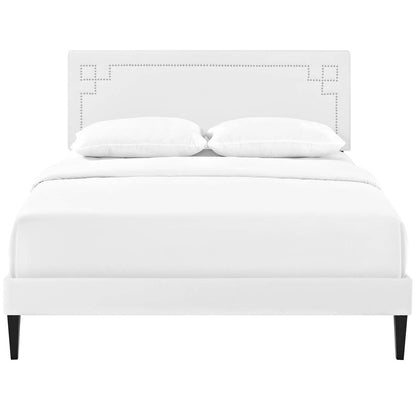 Ruthie Full Vinyl Platform Bed with Squared Tapered Legs, Full Size, Faux Vinyl Leather, White, 14588
