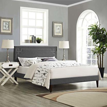 Ruthie Full Fabric Platform Bed with Squared Tapered Legs, Full Size, Fabric Copper Nail Rivet, Grey Gray, 14591