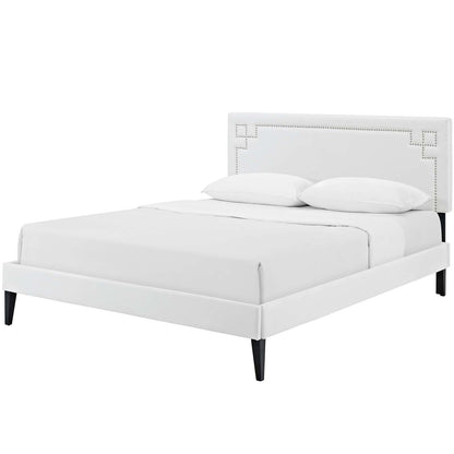 Ruthie Queen Vinyl Platform Bed with Squared Tapered Legs, Queen Size, Faux Vinyl Leather, White, 14593