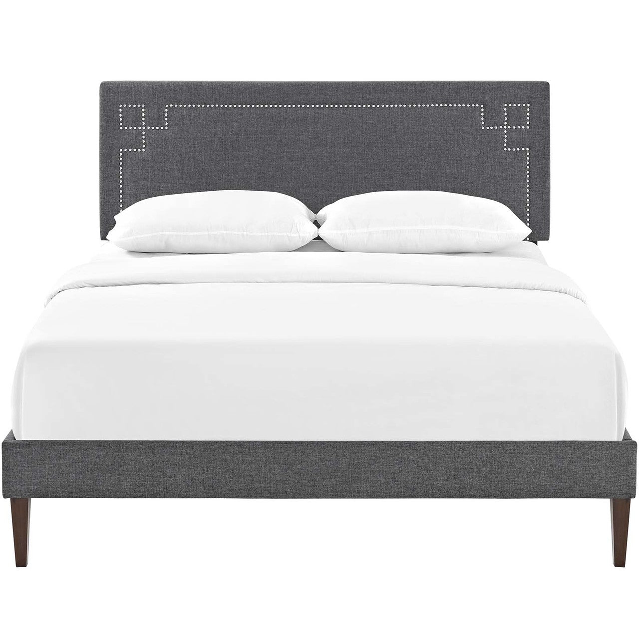 Ruthie Queen Fabric Platform Bed with Squared Tapered Legs, Queen Size, Fabric Copper Nail Rivet, Grey Gray, 14596