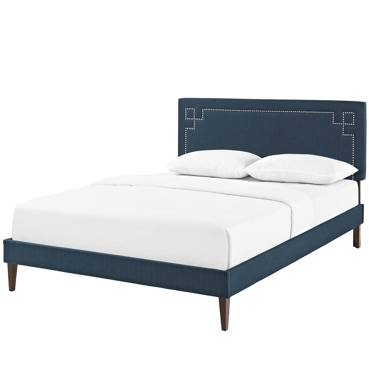 Ruthie King Fabric Platform Bed with Squared Tapered Legs, King Size, Fabric Copper Nail Rivet, Navy Blue, 14599