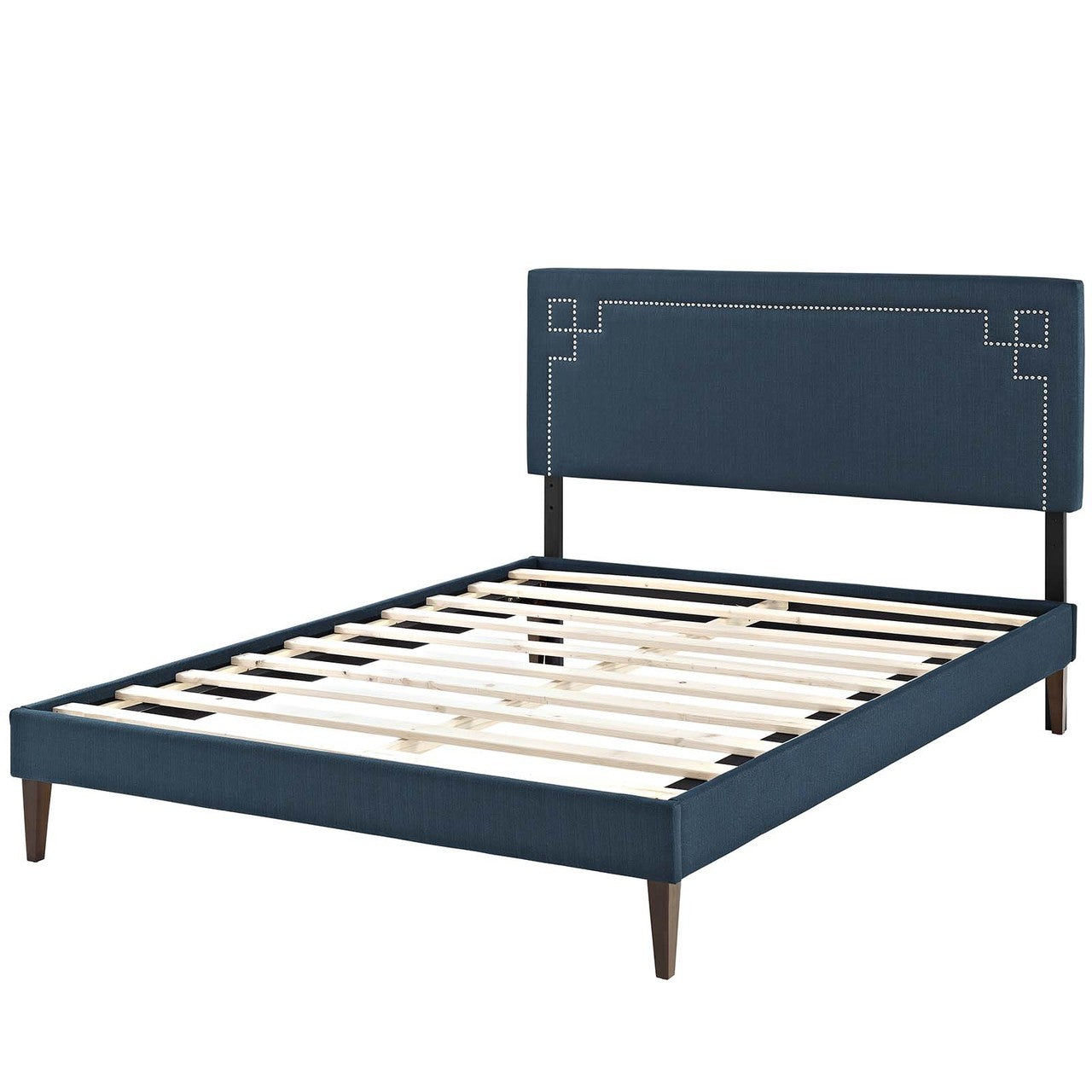 Ruthie King Fabric Platform Bed with Squared Tapered Legs, King Size, Fabric Copper Nail Rivet, Navy Blue, 14599