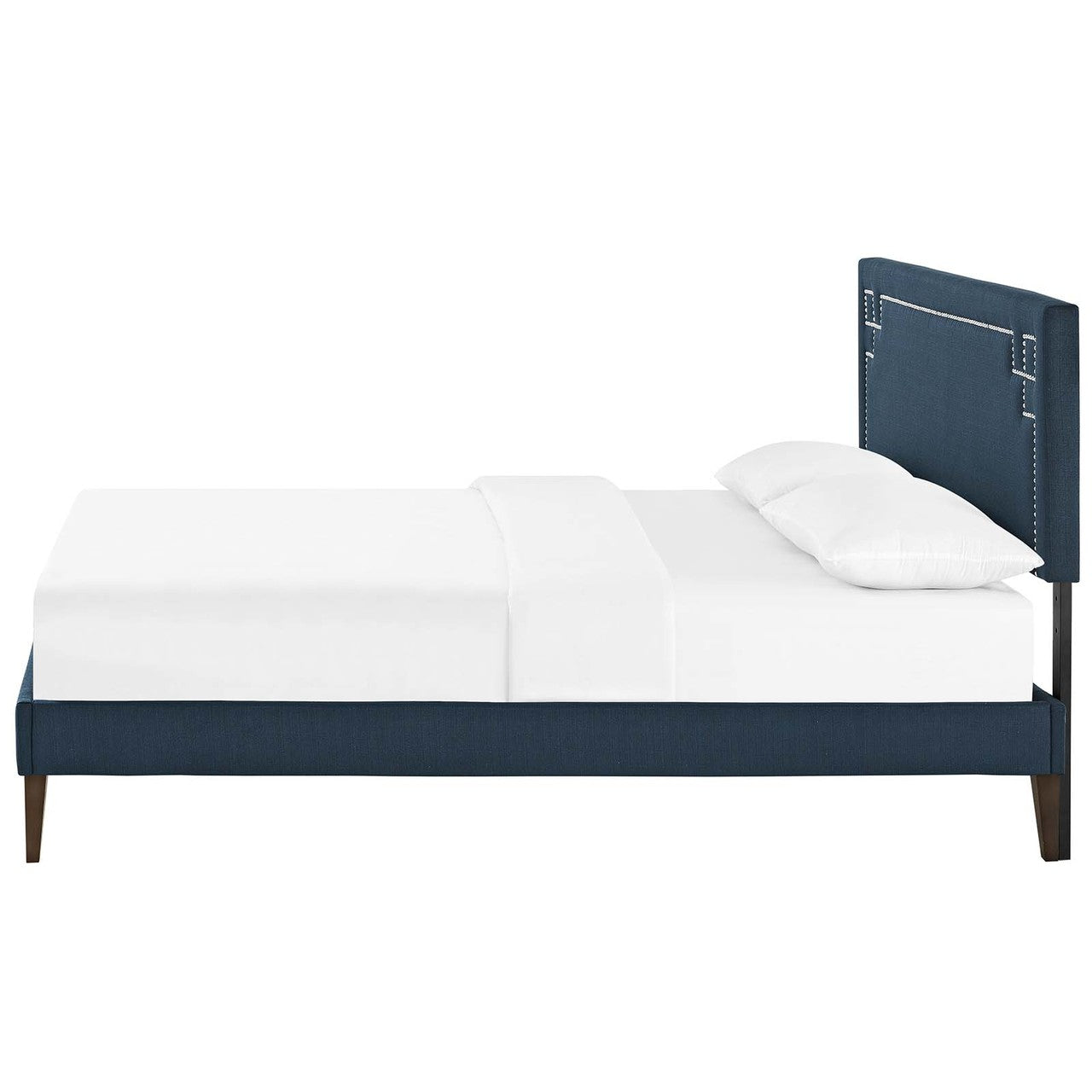 Ruthie King Fabric Platform Bed with Squared Tapered Legs, King Size, Fabric Copper Nail Rivet, Navy Blue, 14599