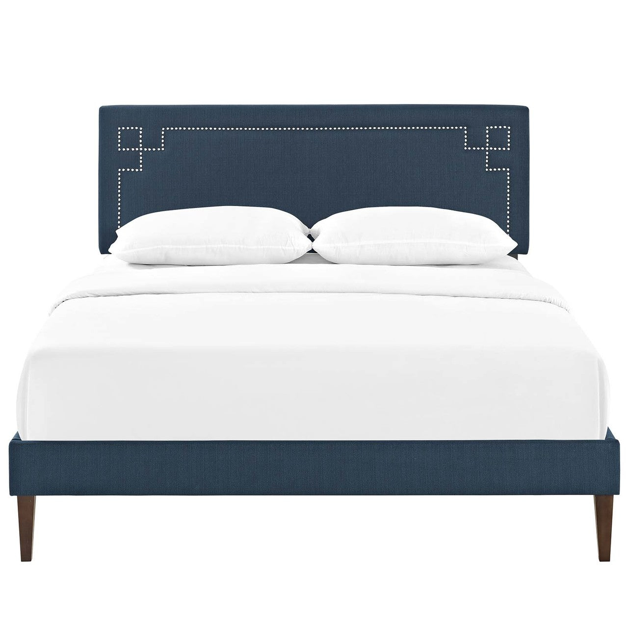 Ruthie King Fabric Platform Bed with Squared Tapered Legs, King Size, Fabric Copper Nail Rivet, Navy Blue, 14599