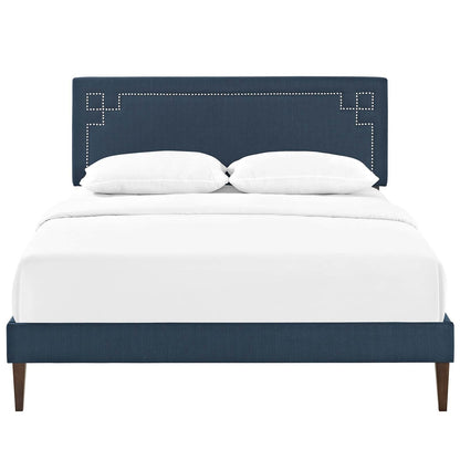 Ruthie King Fabric Platform Bed with Squared Tapered Legs, King Size, Fabric Copper Nail Rivet, Navy Blue, 14599