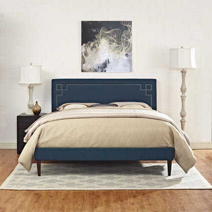 Ruthie King Fabric Platform Bed with Squared Tapered Legs, King Size, Fabric Copper Nail Rivet, Navy Blue, 14599