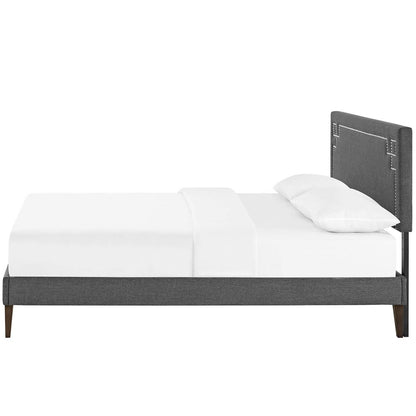 Ruthie King Fabric Platform Bed with Squared Tapered Legs, King Size, Fabric Copper Nail Rivet, Grey Gray, 14601