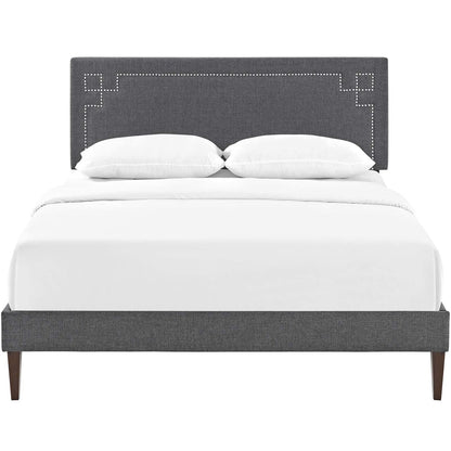 Ruthie King Fabric Platform Bed with Squared Tapered Legs, King Size, Fabric Copper Nail Rivet, Grey Gray, 14601