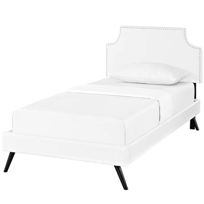 Corene Twin Vinyl Platform Bed with Round Splayed Legs, Twin Size, Faux Vinyl Leather, White, 14603