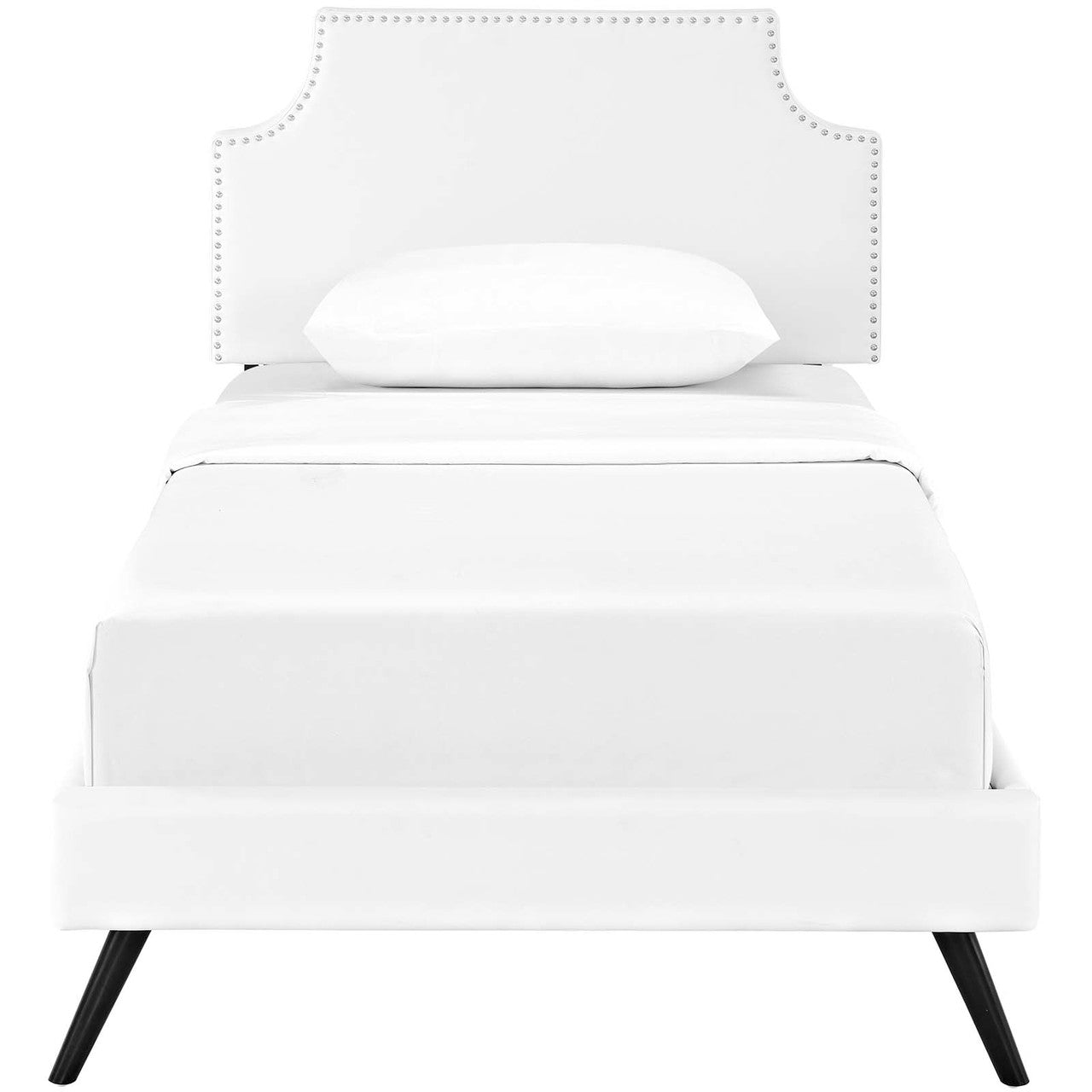 Corene Twin Vinyl Platform Bed with Round Splayed Legs, Twin Size, Faux Vinyl Leather, White, 14603