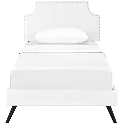 Corene Twin Vinyl Platform Bed with Round Splayed Legs, Twin Size, Faux Vinyl Leather, White, 14603
