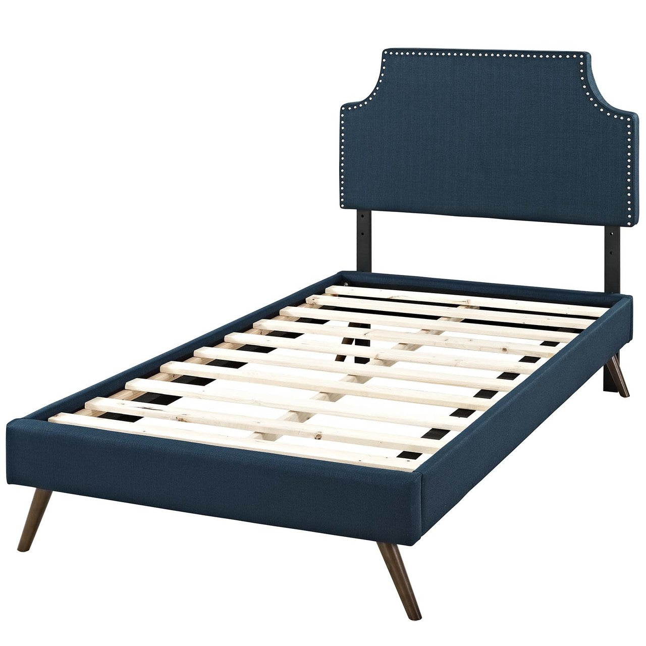 Corene Twin Fabric Platform Bed with Round Splayed Legs, Twin Size, Fabric Copper Nail Rivet, Navy Blue, 14604