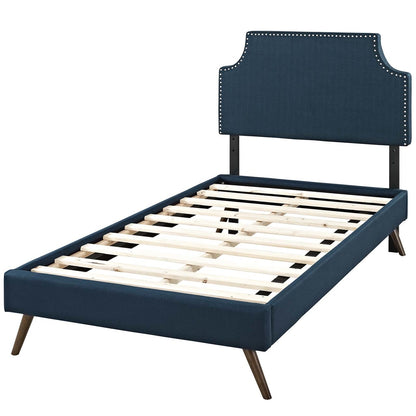 Corene Twin Fabric Platform Bed with Round Splayed Legs, Twin Size, Fabric Copper Nail Rivet, Navy Blue, 14604