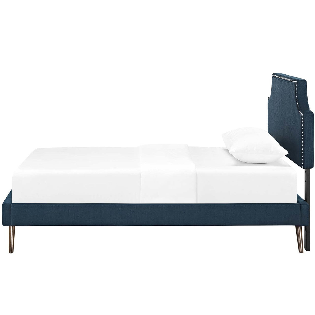 Corene Twin Fabric Platform Bed with Round Splayed Legs, Twin Size, Fabric Copper Nail Rivet, Navy Blue, 14604