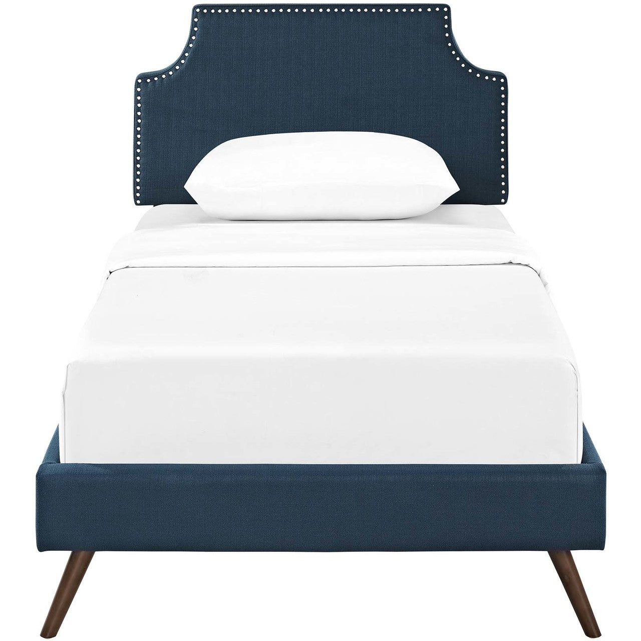 Corene Twin Fabric Platform Bed with Round Splayed Legs, Twin Size, Fabric Copper Nail Rivet, Navy Blue, 14604