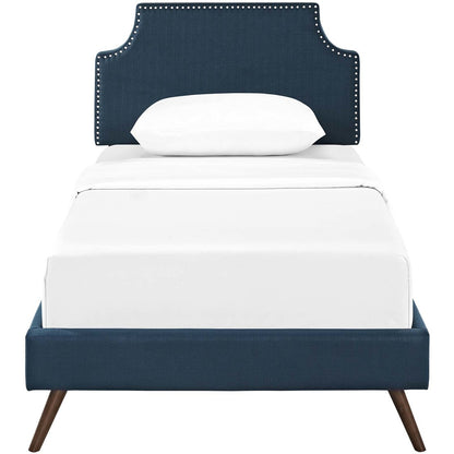 Corene Twin Fabric Platform Bed with Round Splayed Legs, Twin Size, Fabric Copper Nail Rivet, Navy Blue, 14604