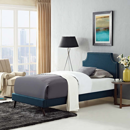 Corene Twin Fabric Platform Bed with Round Splayed Legs, Twin Size, Fabric Copper Nail Rivet, Navy Blue, 14604