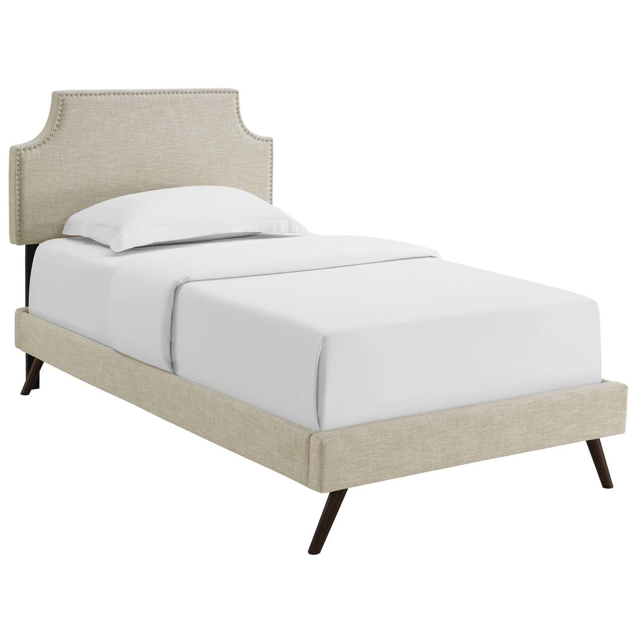 Corene Twin Fabric Platform Bed with Round Splayed Legs, Twin Size, Fabric Copper Nail Rivet, Beige, 14605
