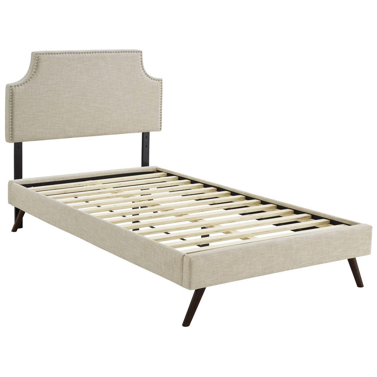Corene Twin Fabric Platform Bed with Round Splayed Legs, Twin Size, Fabric Copper Nail Rivet, Beige, 14605
