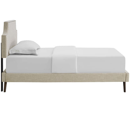 Corene Twin Fabric Platform Bed with Round Splayed Legs, Twin Size, Fabric Copper Nail Rivet, Beige, 14605