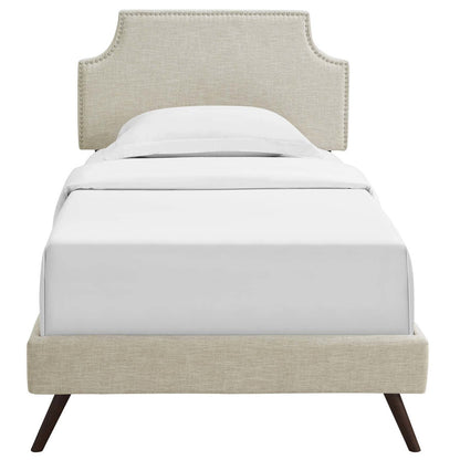 Corene Twin Fabric Platform Bed with Round Splayed Legs, Twin Size, Fabric Copper Nail Rivet, Beige, 14605