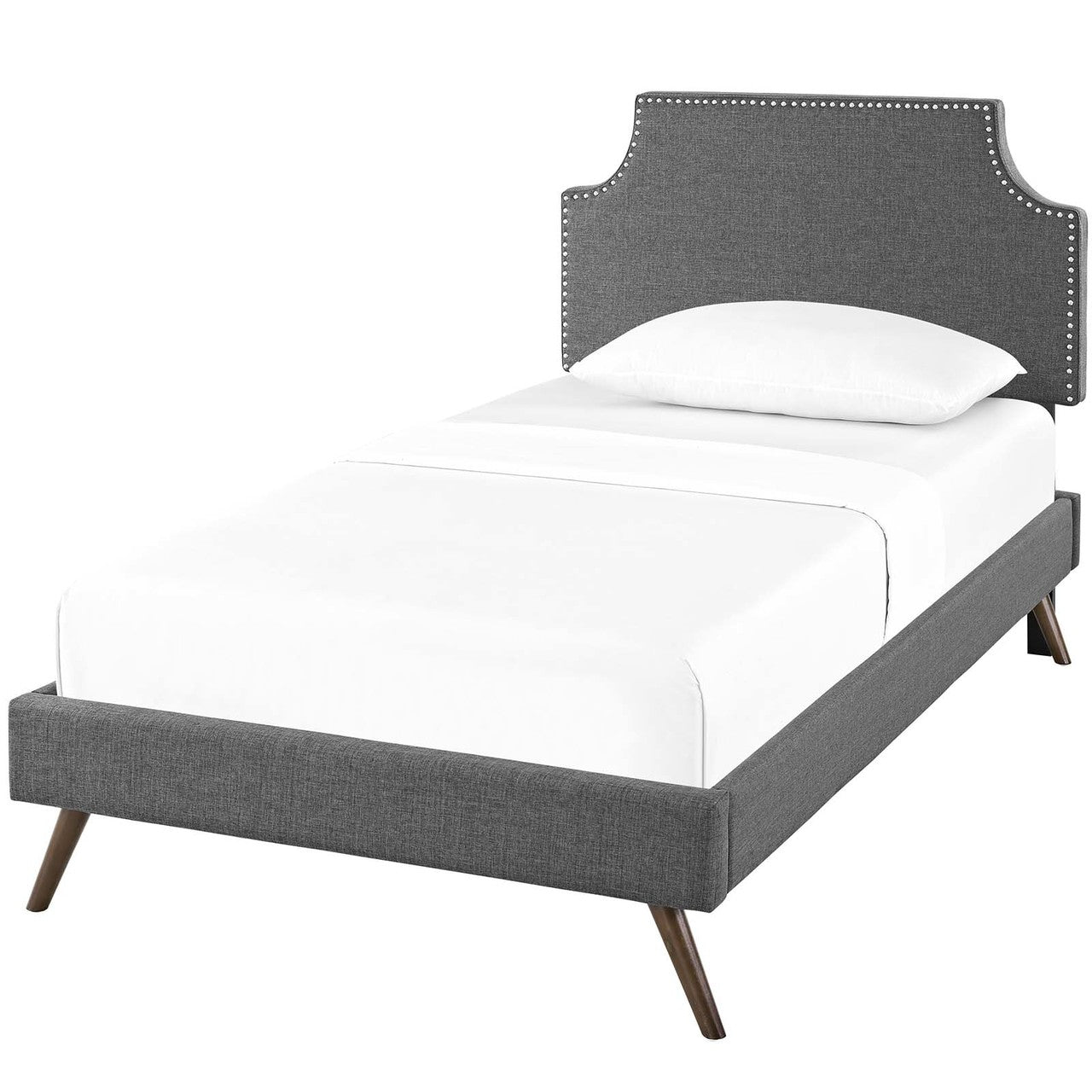 Corene Twin Fabric Platform Bed with Round Splayed Legs, Twin Size, Fabric Copper Nail Rivet, Grey Gray, 14606