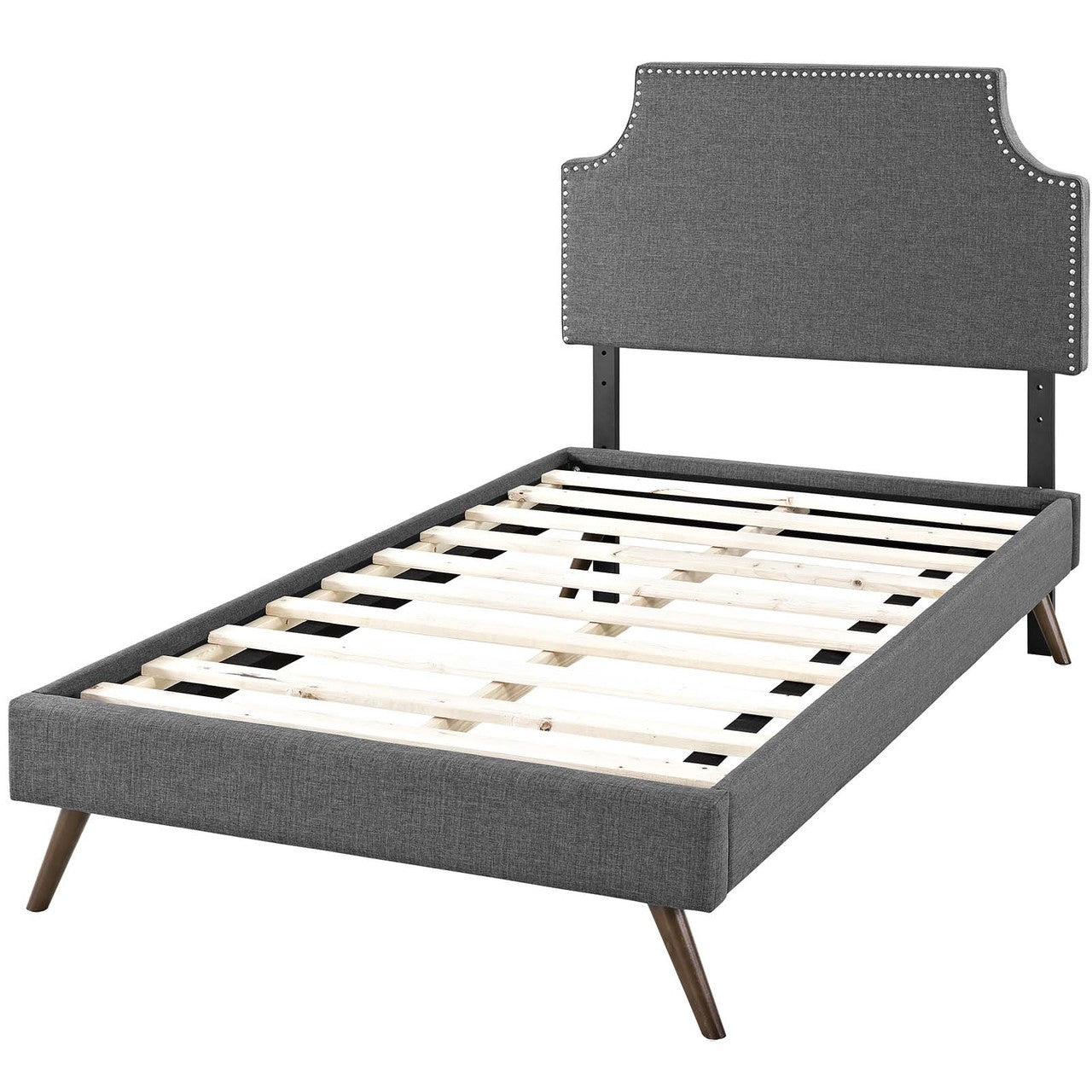 Corene Twin Fabric Platform Bed with Round Splayed Legs, Twin Size, Fabric Copper Nail Rivet, Grey Gray, 14606