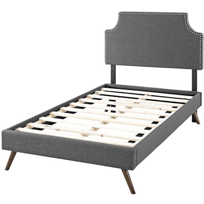 Corene Twin Fabric Platform Bed with Round Splayed Legs, Twin Size, Fabric Copper Nail Rivet, Grey Gray, 14606