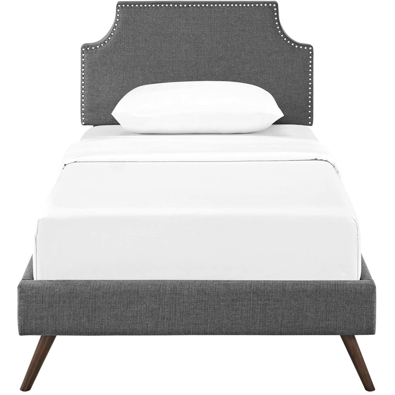 Corene Twin Fabric Platform Bed with Round Splayed Legs, Twin Size, Fabric Copper Nail Rivet, Grey Gray, 14606