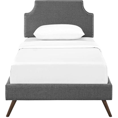 Corene Twin Fabric Platform Bed with Round Splayed Legs, Twin Size, Fabric Copper Nail Rivet, Grey Gray, 14606