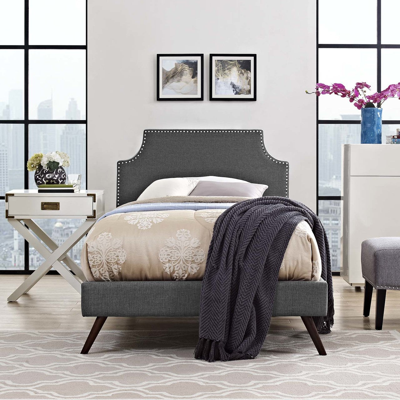 Corene Twin Fabric Platform Bed with Round Splayed Legs, Twin Size, Fabric Copper Nail Rivet, Grey Gray, 14606