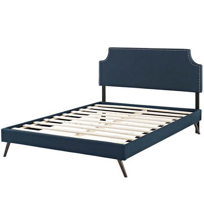 Corene Full Fabric Platform Bed with Round Splayed Legs, Full Size, Fabric Copper Nail Rivet, Navy Blue, 14609