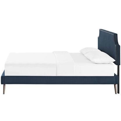Corene Full Fabric Platform Bed with Round Splayed Legs, Full Size, Fabric Copper Nail Rivet, Navy Blue, 14609
