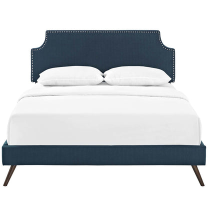 Corene Full Fabric Platform Bed with Round Splayed Legs, Full Size, Fabric Copper Nail Rivet, Navy Blue, 14609