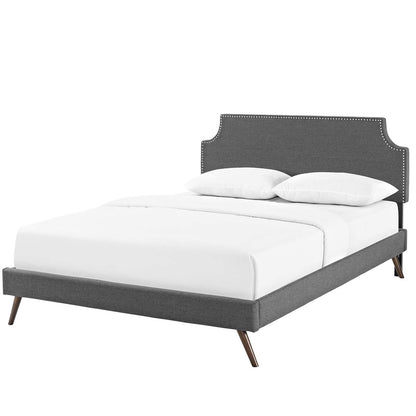 Corene Full Fabric Platform Bed with Round Splayed Legs, Full Size, Fabric Copper Nail Rivet, Grey Gray, 14611