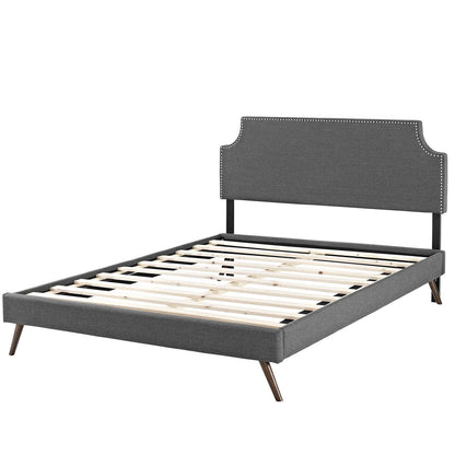 Corene Full Fabric Platform Bed with Round Splayed Legs, Full Size, Fabric Copper Nail Rivet, Grey Gray, 14611