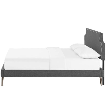 Corene Full Fabric Platform Bed with Round Splayed Legs, Full Size, Fabric Copper Nail Rivet, Grey Gray, 14611